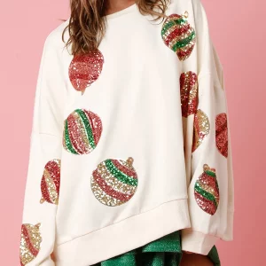 Y2K Sparkle Sequin Ball Print Crew Neck Sweatshirt - Casual Women's Oversized Pullover