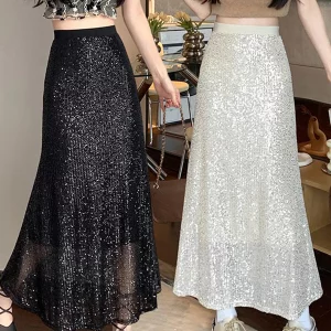 Y2K Sparkly Sequin Midi Skirt - Glitter High Waist Pencil Skirt for Formal Cocktail Party