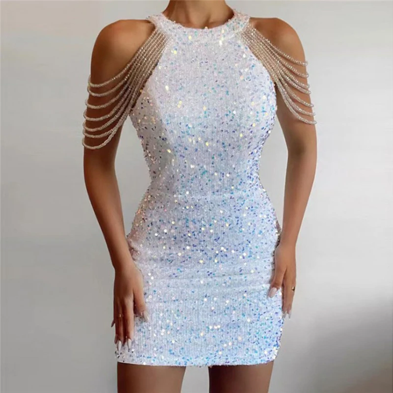 Y2K Sparkly Sequined Mini Dress - Sleeveless Crew Neck Night Club Party Outfit