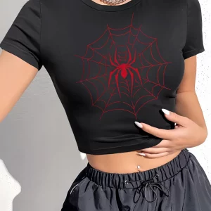 Y2K Spider Print Cropped Top - Women's Grunge Fashion Statement