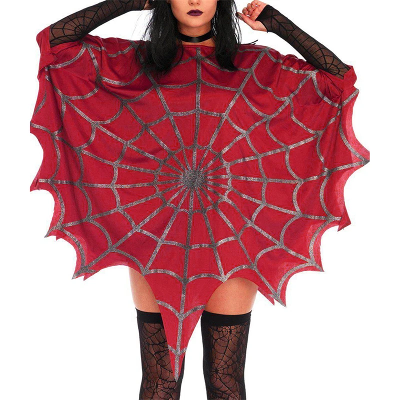 Y2K Spider Web Print Cape Women Asymmetrical Hem Poncho Gothic Clubwear