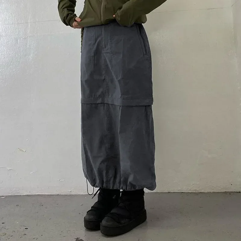 Y2K Split Long Skirt: Gray Drawstring Street Fashion Cargo Skirt