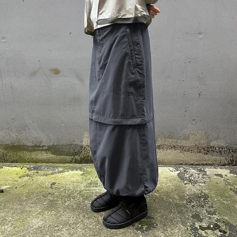 Y2K Split Long Skirt: Gray Drawstring Street Fashion Cargo Skirt