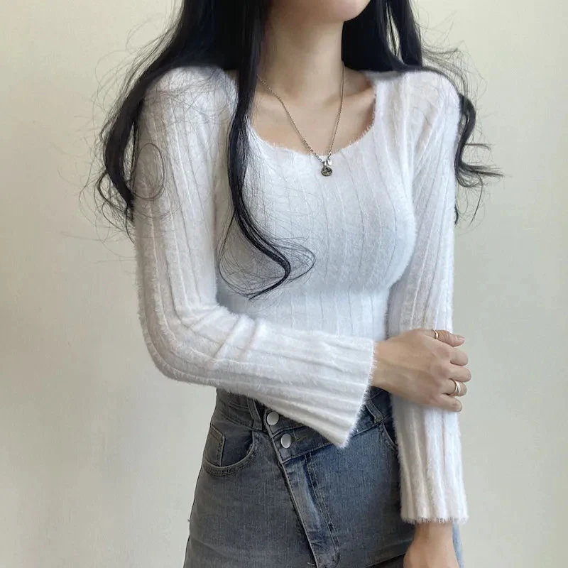 Y2K Spring Square Collar Knit Sweater - Elegant Short Pullover