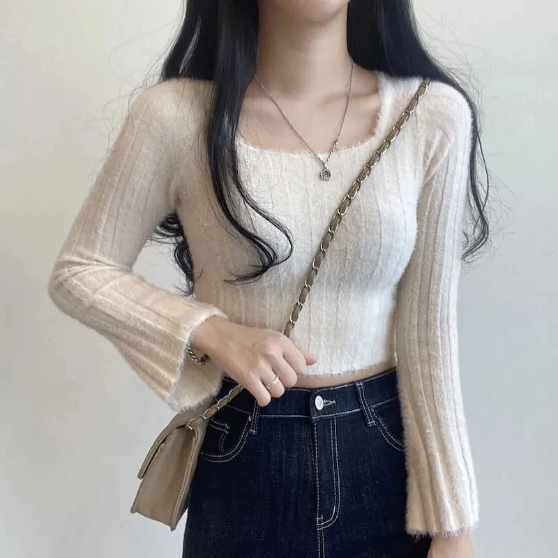 Y2K Spring Square Collar Knit Sweater - Elegant Short Pullover