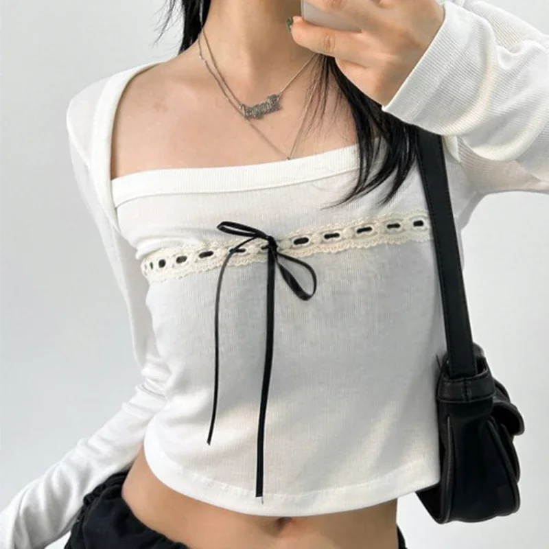 Y2K Square Collar Long Sleeve T-shirt with Ribbons and Lace-up Bow