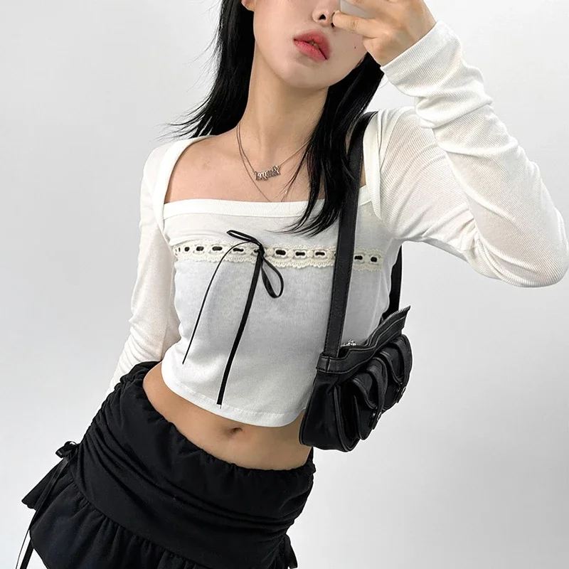 Y2K Square Collar Long Sleeve T-shirt with Ribbons and Lace-up Bow