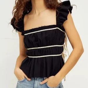 Y2k Square Neck Lace Trim Crop Top - Slim Fit Aesthetic Blouse