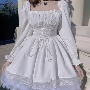 Y2K Square Neck Puff Sleeve Dress with Lace Trim - Sweet and Elegant Partywear