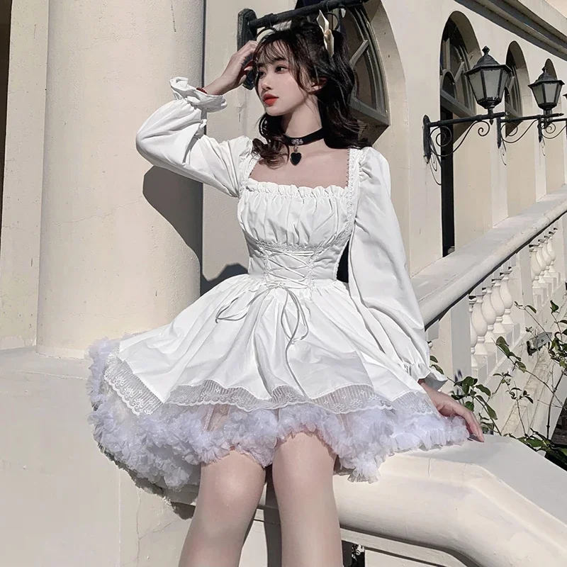 Y2K Square Neck Puff Sleeve Dress with Lace Trim - Sweet and Elegant Partywear