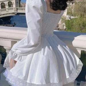 Y2K Square Neck Puff Sleeve Dress with Lace Trim - Sweet and Elegant Partywear