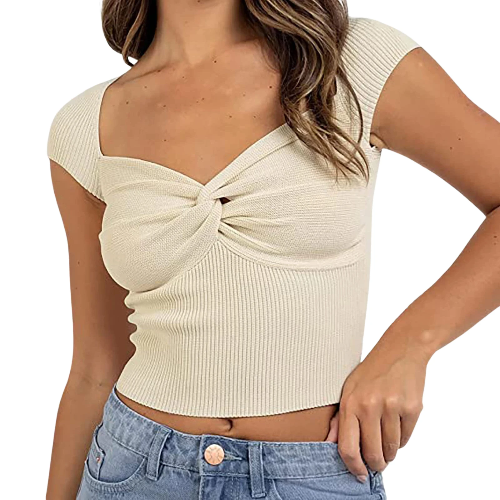 Y2K Square Neck Short Sleeve Crop Top - Women's Summer Tee