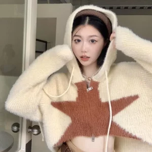 Y2K Star Pattern Hooded Crop Top - Casual Loose Knit Sweater