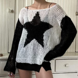 Y2K Star Pattern Loose Fluffy Sweater - Long Sleeve Knitwear