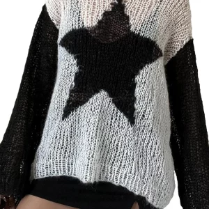 Y2K Star Pattern Loose Fluffy Sweater - Long Sleeve Knitwear