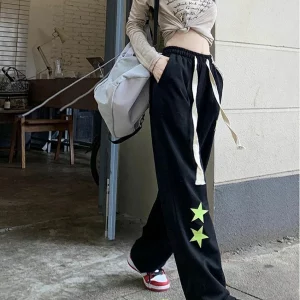 Y2K Star Print Casual Trousers with Elastic Waist - Street Style Fashion