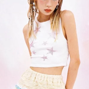 Y2K Star Rhinestone Striped Sleeveless Crop Top - Women's