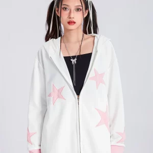 Y2K Stars Pattern Oversized Fall Sweatshirt - Zip-Up E-Girls Hoodie