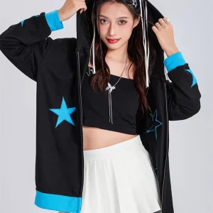 Y2K Stars Pattern Oversized Fall Sweatshirt - Zip-Up E-Girls Hoodie