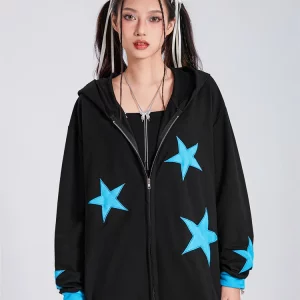 Y2K Stars Pattern Oversized Fall Sweatshirt - Zip-Up E-Girls Hoodie