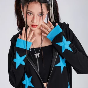 Y2K Stars Pattern Oversized Fall Sweatshirt - Zip-Up E-Girls Hoodie