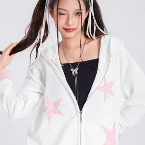 Y2K Stars Pattern Oversized Fall Sweatshirt - Zip-Up E-Girls Hoodie