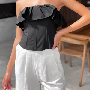 Y2k Strapless Ruffle Bandeau Top - Backless Off-Shoulder Crop Shirt