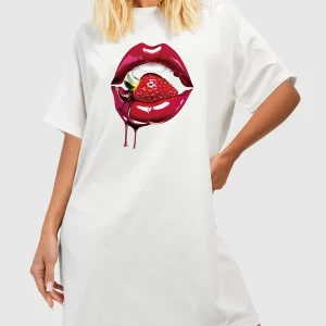 Y2K Strawberry Lips Graphic Drop Shoulder Tee Dress