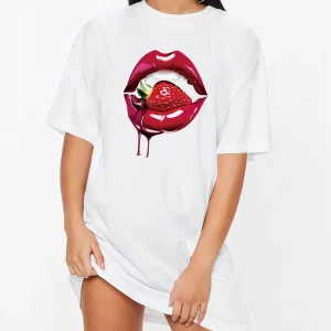 Y2K Strawberry Lips Graphic Drop Shoulder Tee Dress