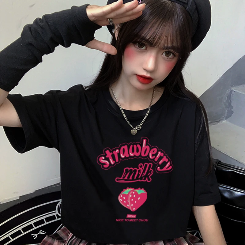 Y2K Strawberry Milk Cartoon Top - Punk Streetwear Chic Casual Vintage T-Shirt