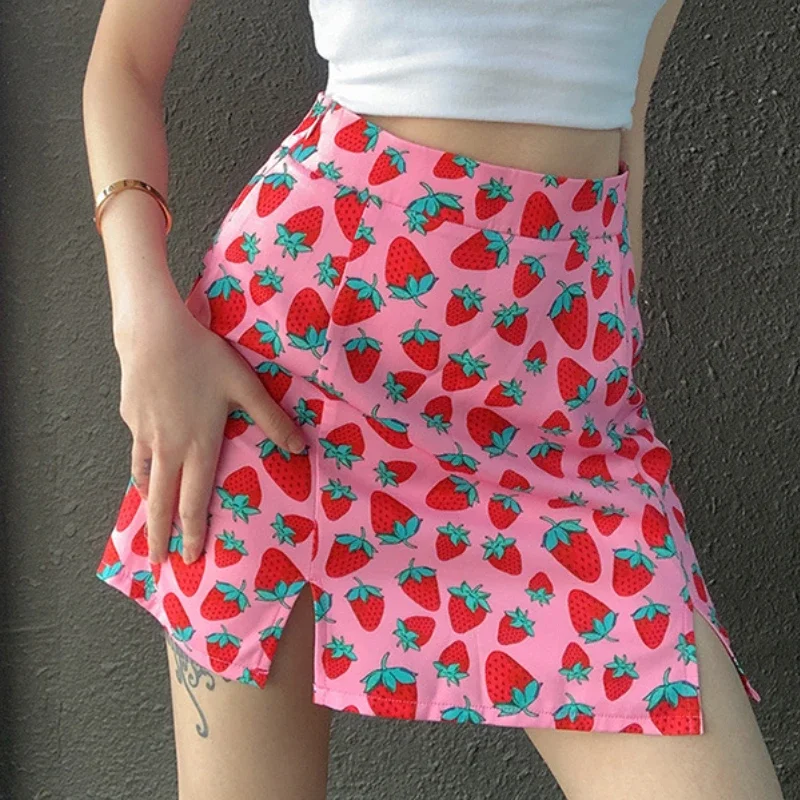 Y2k Strawberry Print A-line Mini Skirt - High Waist Wrap Style for Women's Summer Streetwear