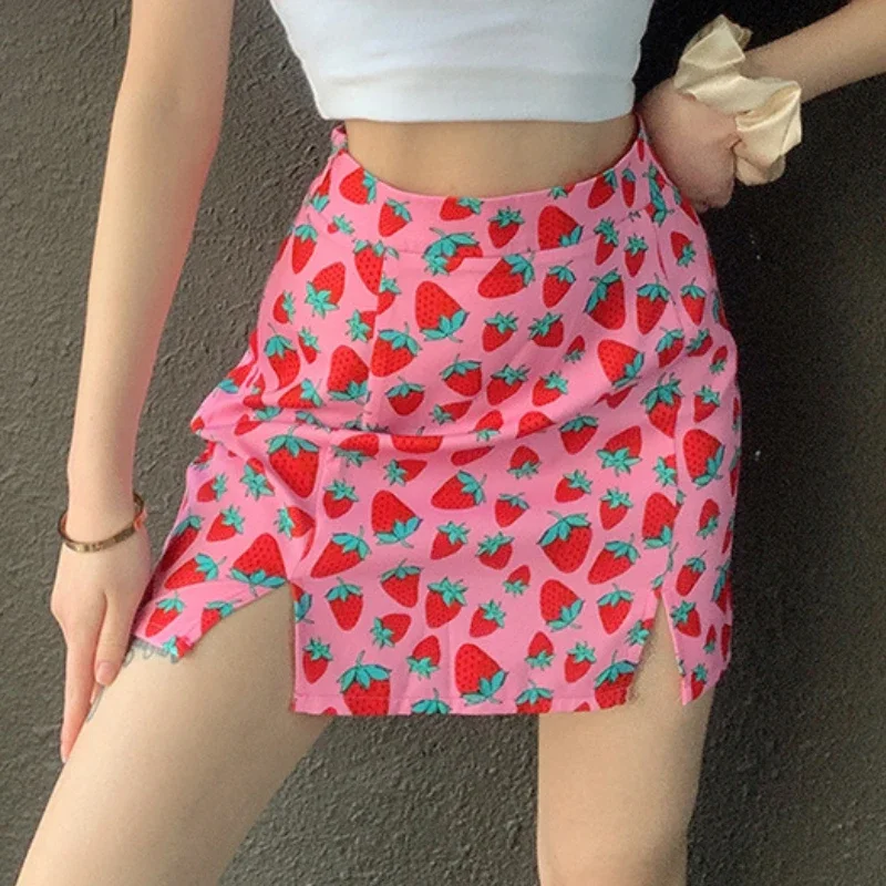 Y2k Strawberry Print A-line Mini Skirt - High Waist Wrap Style for Women's Summer Streetwear