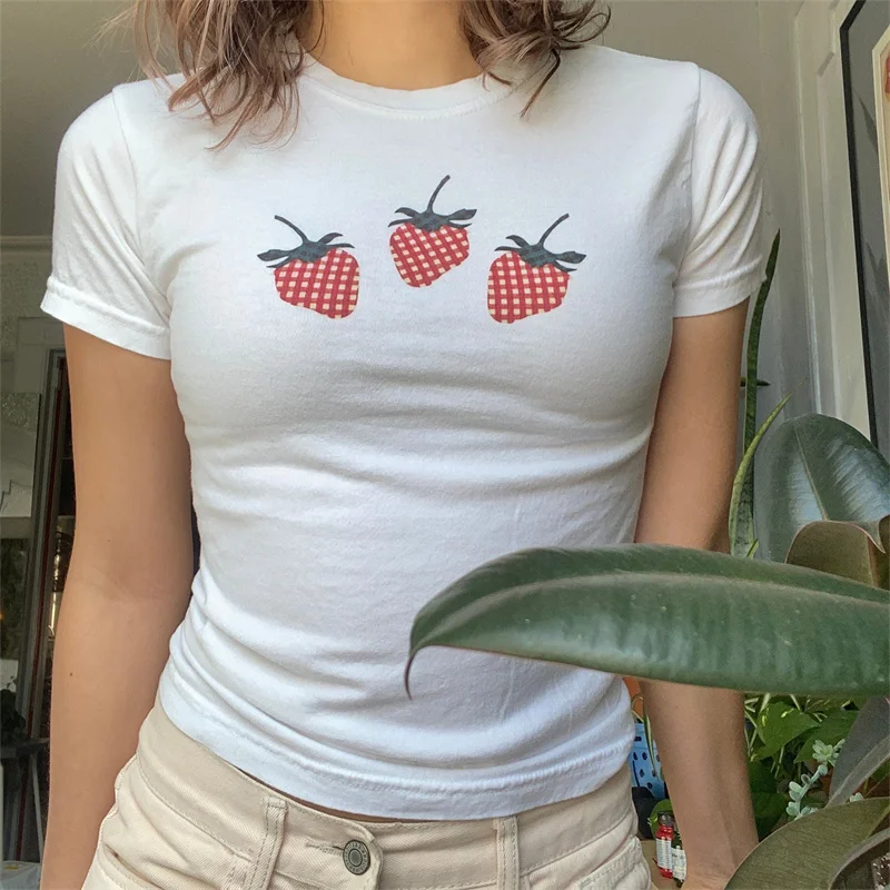 Y2K Strawberry Print Graphic Crop Top - Short Sleeve Streetwear Tee