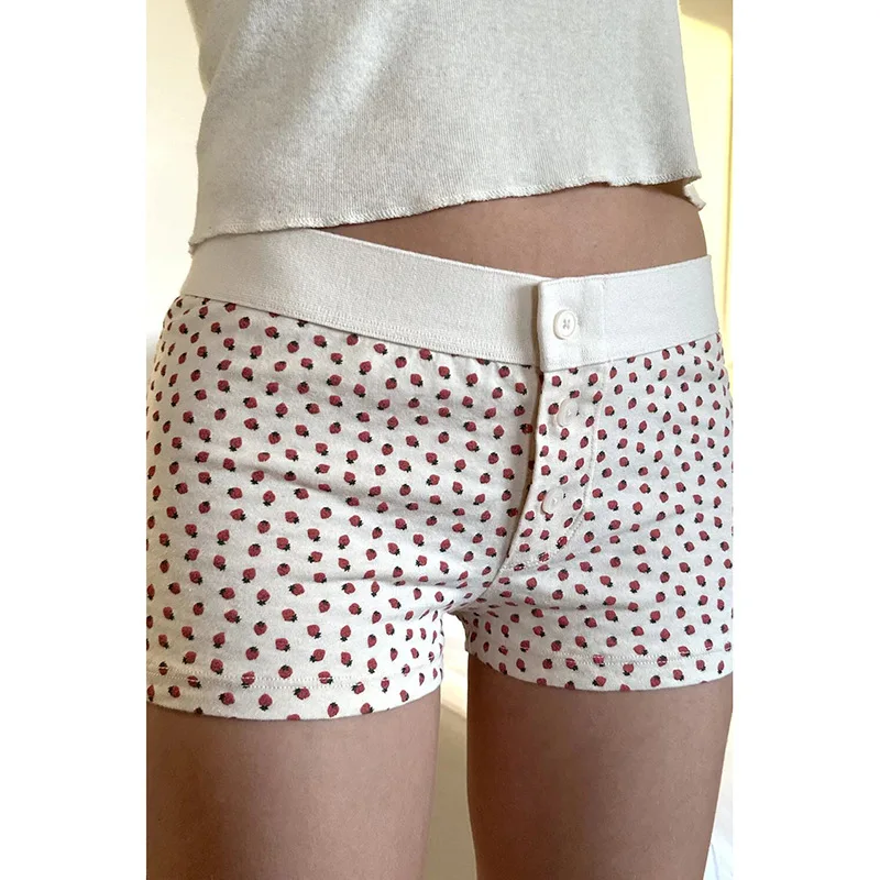 Y2K Strawberry Print Low Rise Skinny Shorts - Sweet Coquette Women's Hotpants