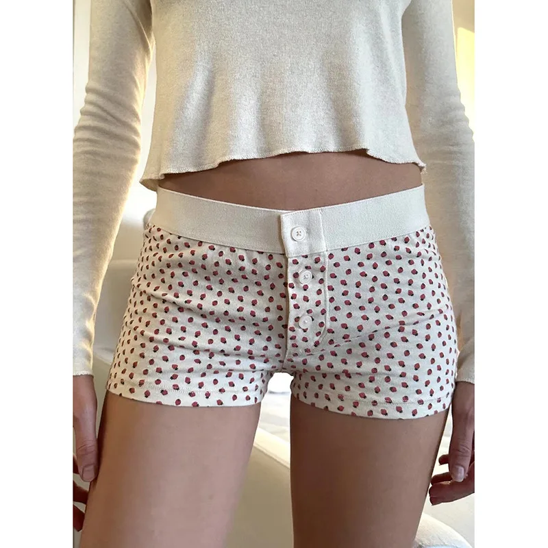 Y2K Strawberry Print Low Rise Skinny Shorts - Sweet Coquette Women's Hotpants