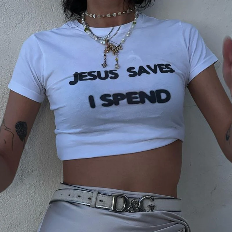 Y2K Street Style Baby Tees: Jesus Letter Art Crop Top - Harajuku Vintage Sexy Summer Fashion