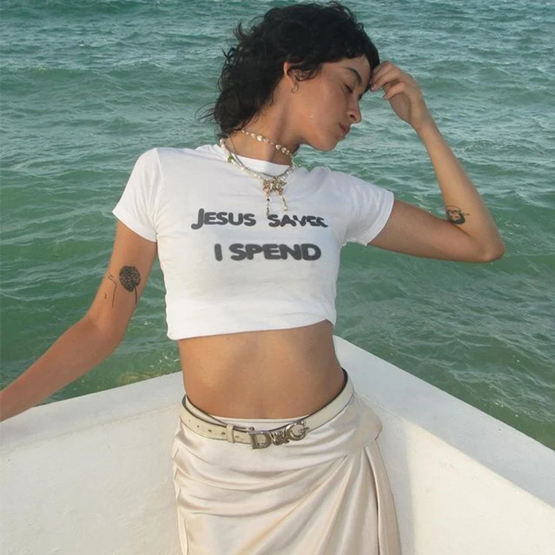 Y2K Street Style Baby Tees: Jesus Letter Art Crop Top - Harajuku Vintage Sexy Summer Fashion