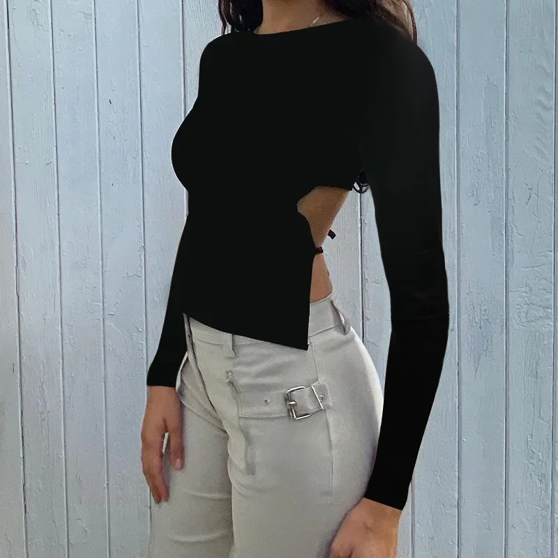 Y2K Streetwear Black Bandage Backless Long Sleeve Crop Top