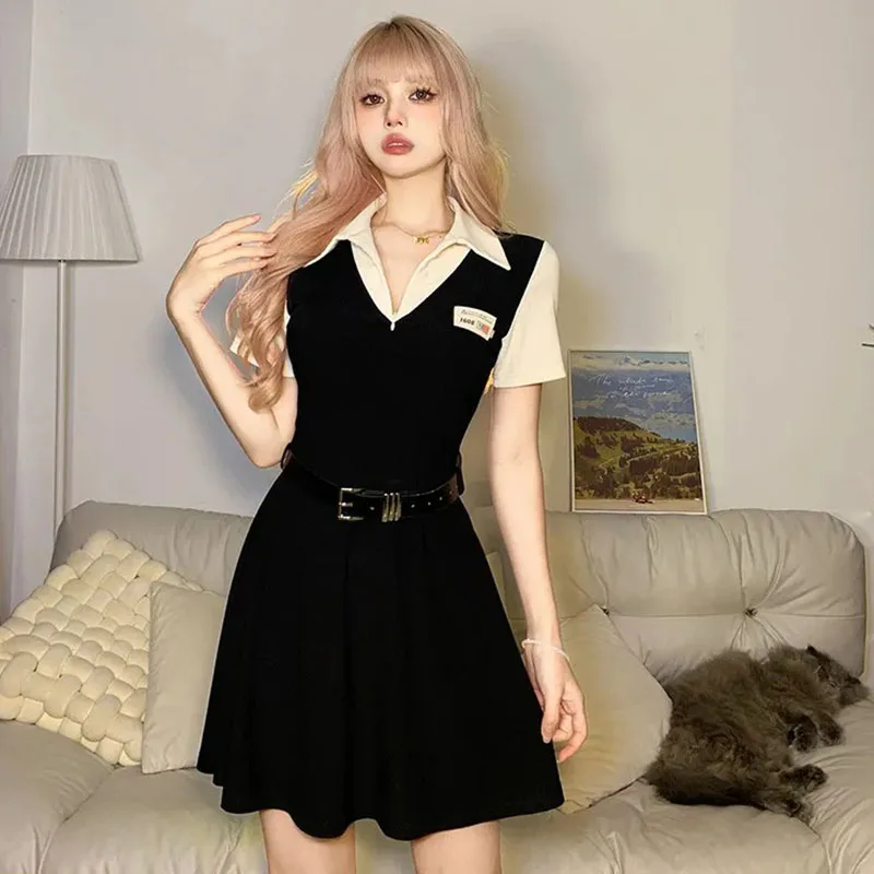 Y2K Streetwear Black Patchwork A-Line Dress - Sweet Preppy Style