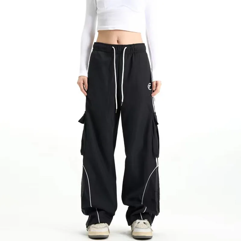 Y2K Streetwear Black Striped Sweatpants - Wide Leg Cargo Pants