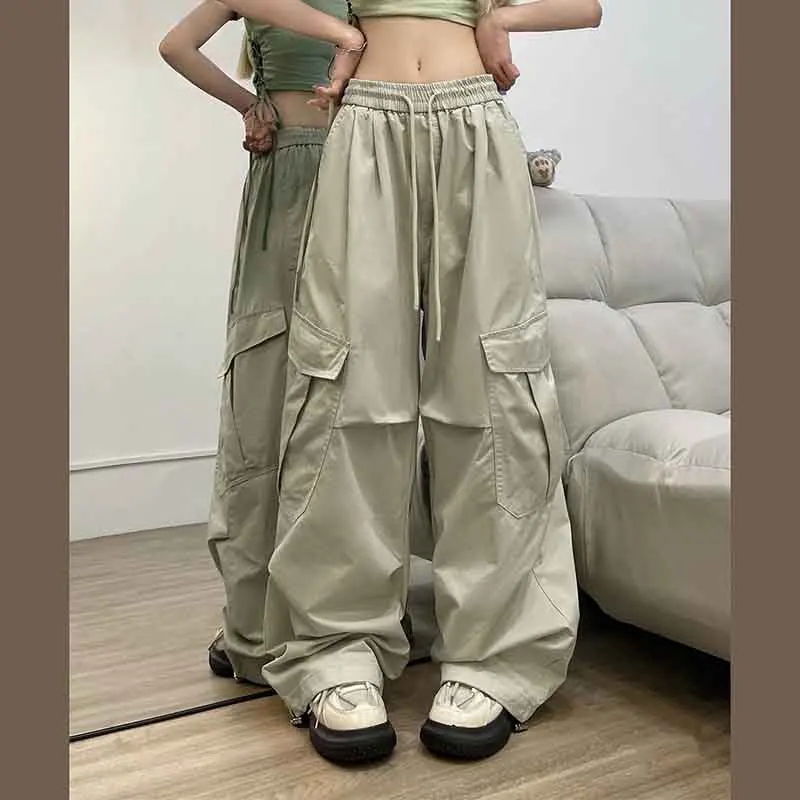 Y2K Streetwear Cargo Pants: High Waist Parachute Trousers with Drawstring