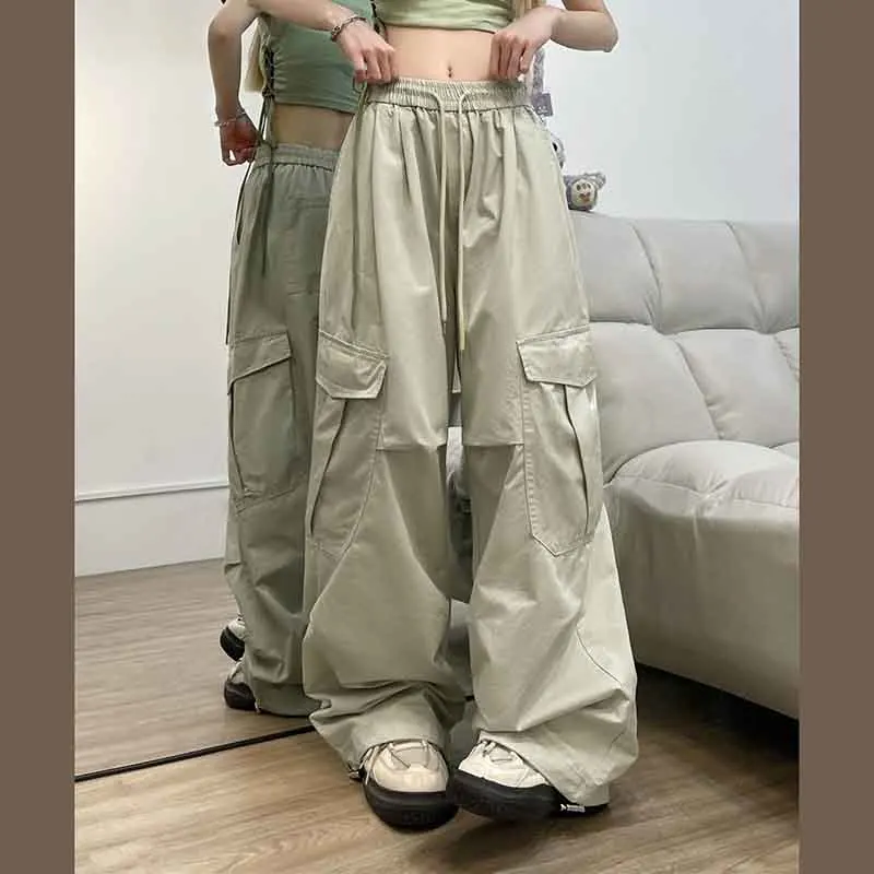 Y2K Streetwear Cargo Pants: High Waist Parachute Trousers with Drawstring