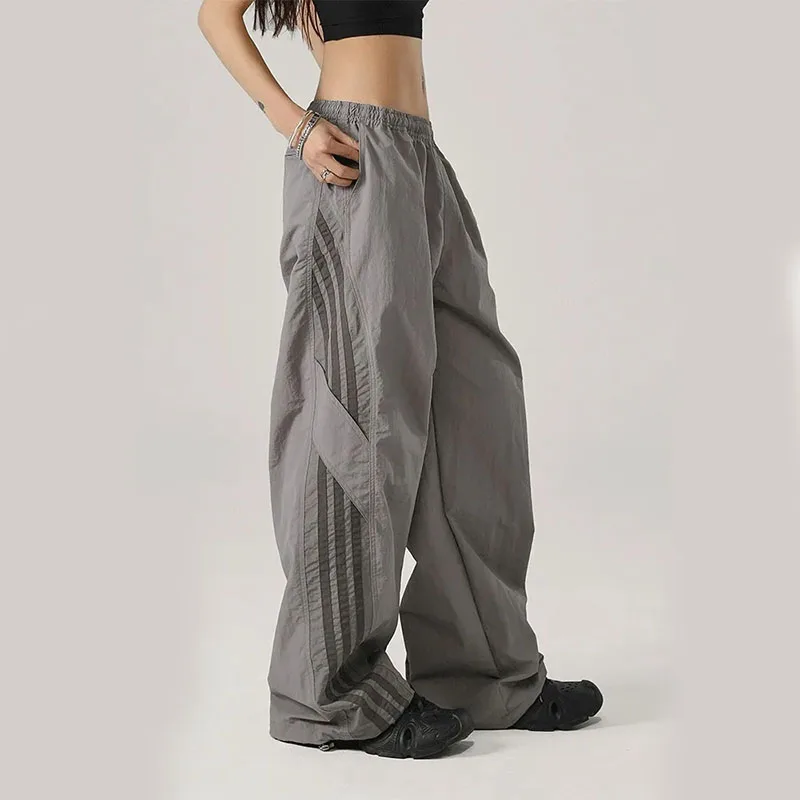 Y2K Streetwear Cargo Pants: High Waist Striped Parachute Sweatpants