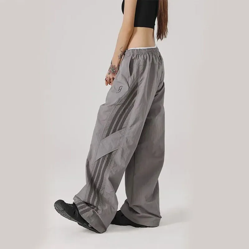 Y2K Streetwear Cargo Pants: High Waist Striped Parachute Sweatpants