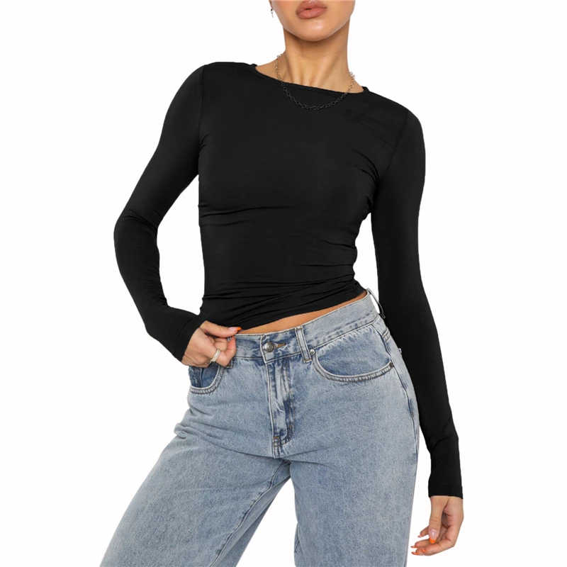 Y2K Streetwear Crop Top - Solid Color Round Neck Long Sleeve Tee