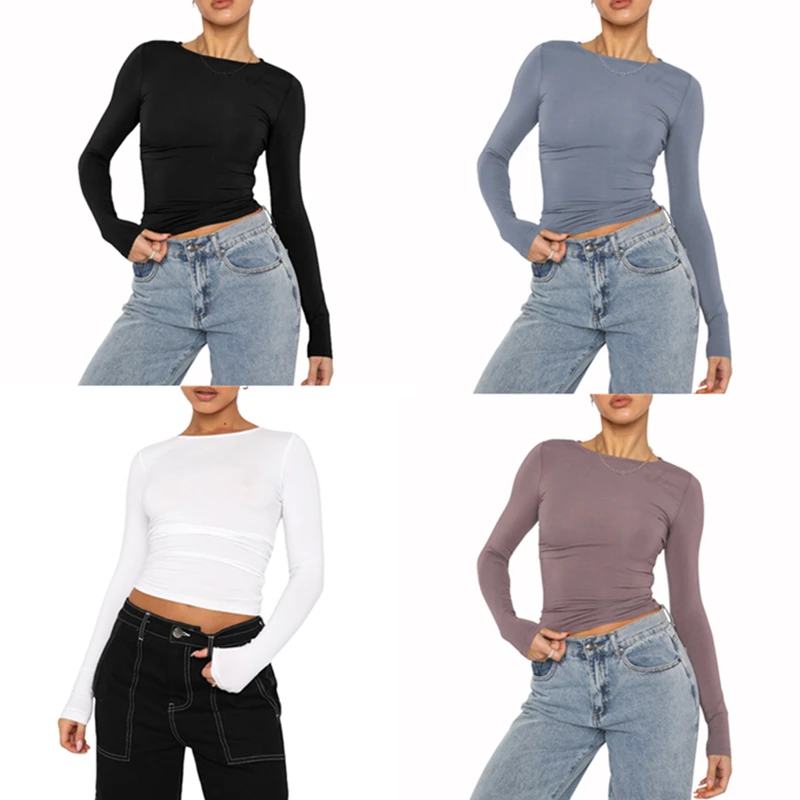 Y2K Streetwear Crop Top - Solid Color Round Neck Long Sleeve Tee