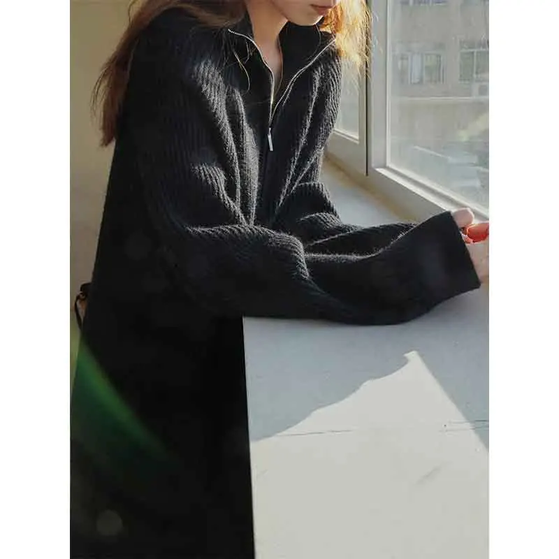 Y2K Streetwear Knit Midi Dress - Solid Lapel Zipper Long Sleeve Pullovers