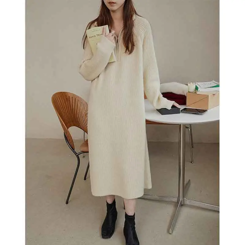 Y2K Streetwear Knit Midi Dress - Solid Lapel Zipper Long Sleeve Pullovers