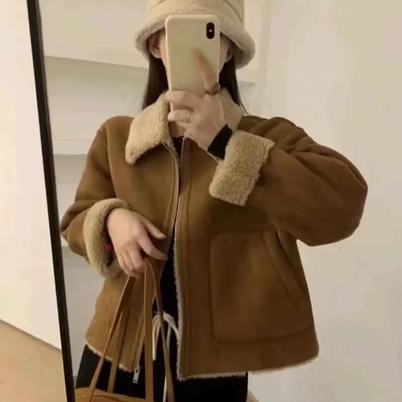 Y2K Streetwear Lamb Fur Coat - Korean Long Sleeve Zipper Jacket