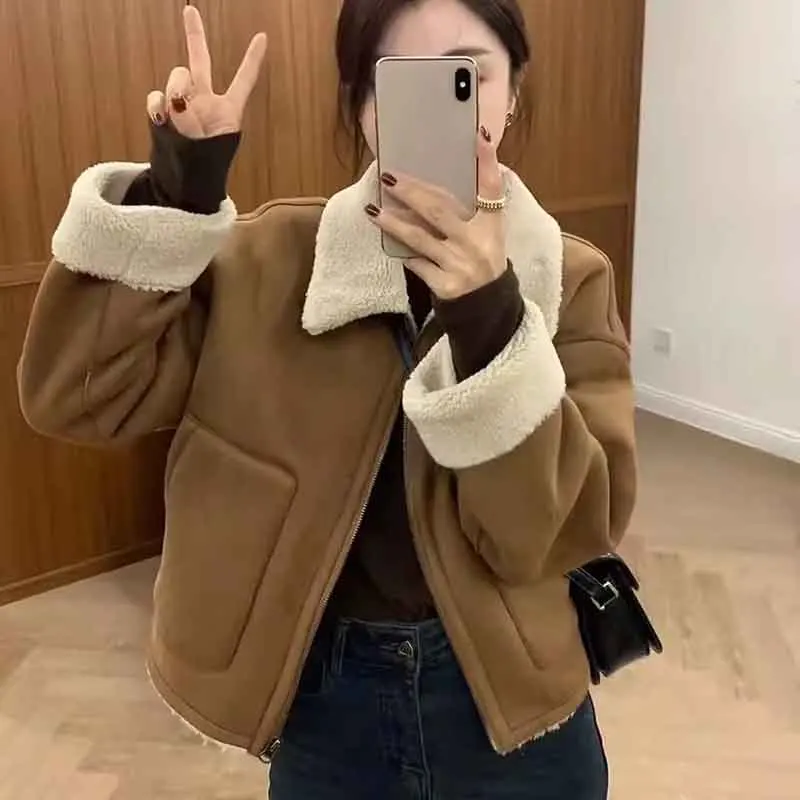 Y2K Streetwear Lamb Fur Coat - Korean Long Sleeve Zipper Jacket